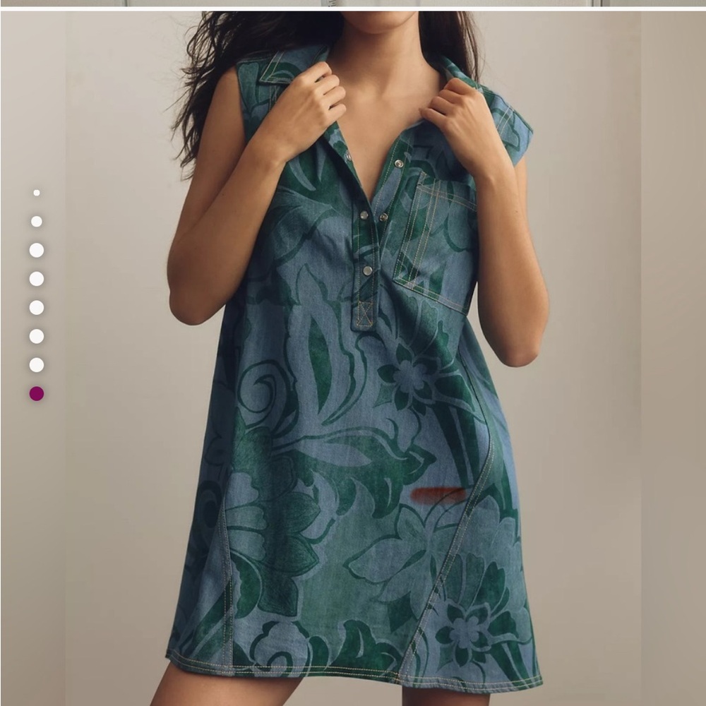 Pilcro Women’s Green Floral Sleeveless Collared Blue Denim Mini Dress- Medium